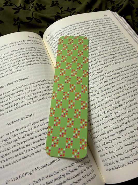 Hand Illustrated Floral Checkered Green Bookmark | Cottagecore Aesthetic | Reader Gift