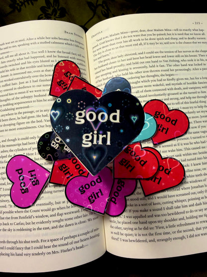 Good Girl Heart Sticker – Bookish Romance Reader Decal (Holographic/Glossy)