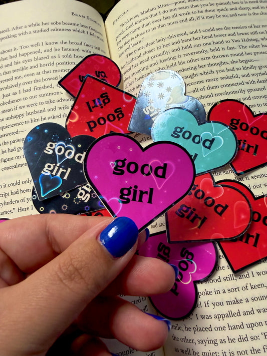 Good Girl Heart Sticker – Bookish Romance Reader Decal (Holographic/Glossy)