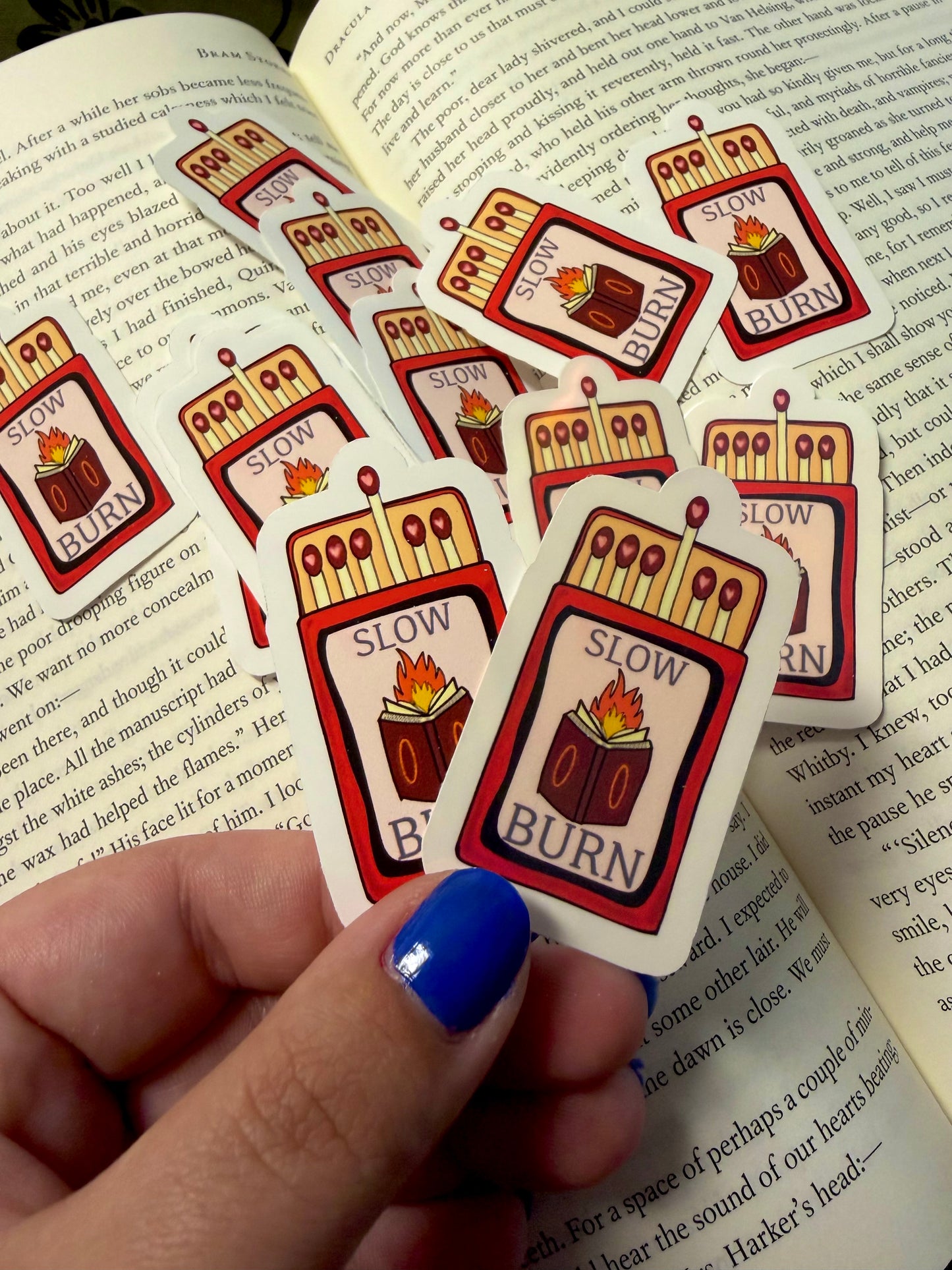 Slow Burn Matchbox Sticker – Bookish Romance Reader Decal (Holographic/Glossy)