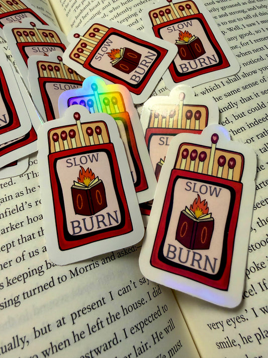 Slow Burn Matchbox Sticker – Bookish Romance Reader Decal (Holographic/Glossy)