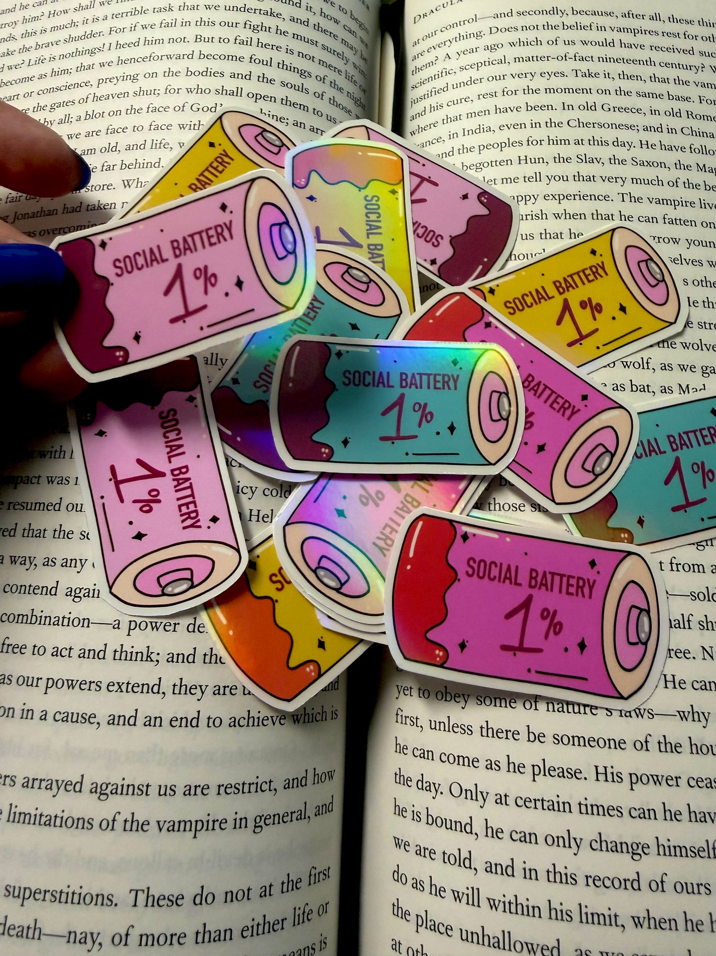 Social Battery Sticker – Introvert Bookish Reader Decal (Holographic/Glossy)