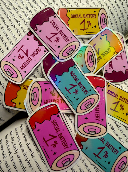 Social Battery Sticker – Introvert Bookish Reader Decal (Holographic/Glossy)