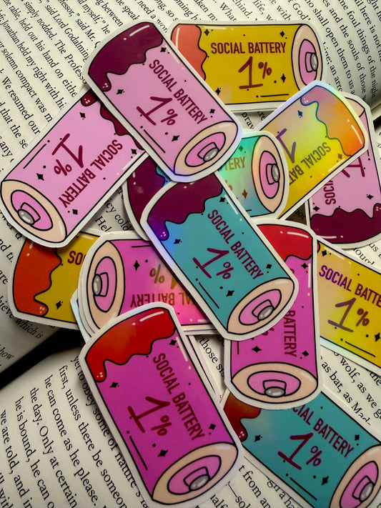 Social Battery Sticker – Introvert Bookish Reader Decal (Holographic/Glossy)