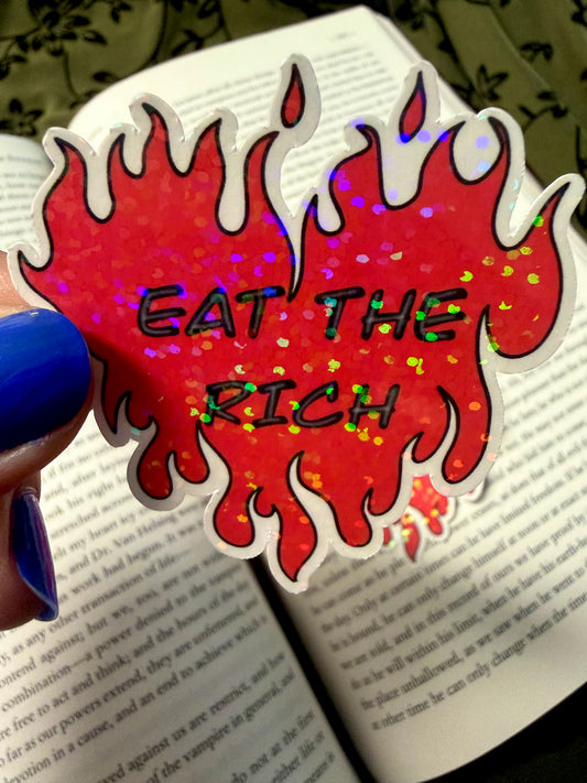 Eat The Rich Flame Heart Sticker - Statement Decal (Holographic/Glossy)